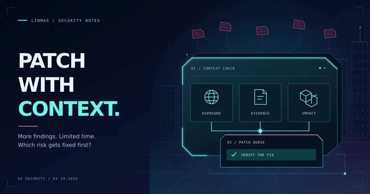 Cyberpunk triage console filtering incoming vulnerability alerts through exposure and evidence checks into a prioritized patch queue.