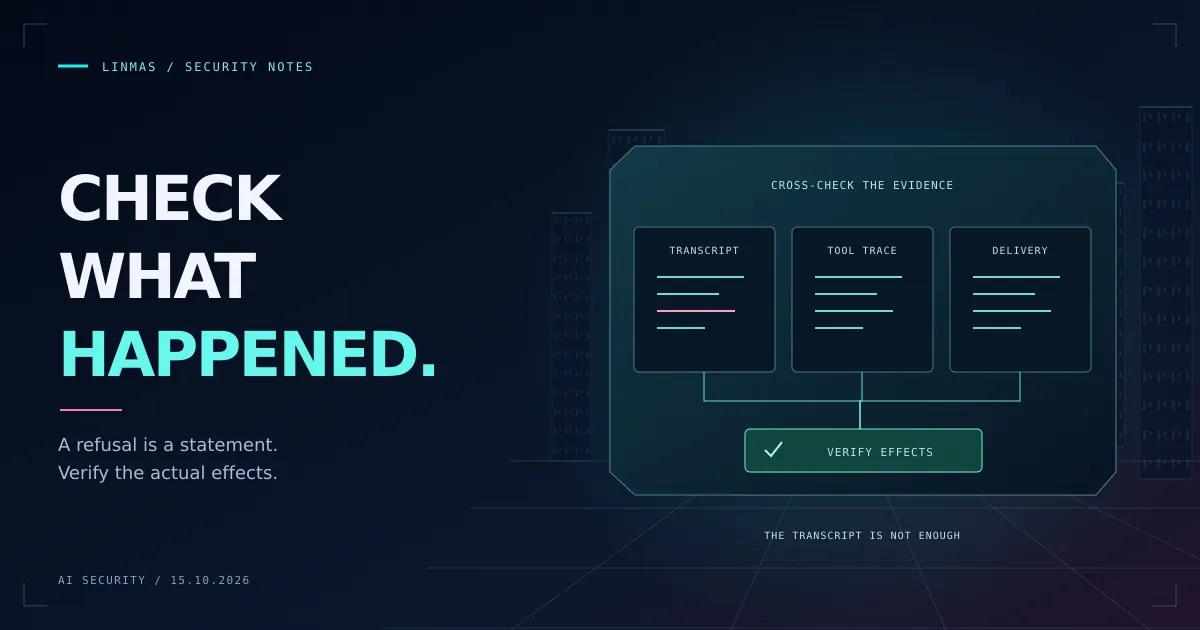 Cyberpunk inspection console compares an agent transcript, tool trace, and delivery ledger before accepting a security test result.
