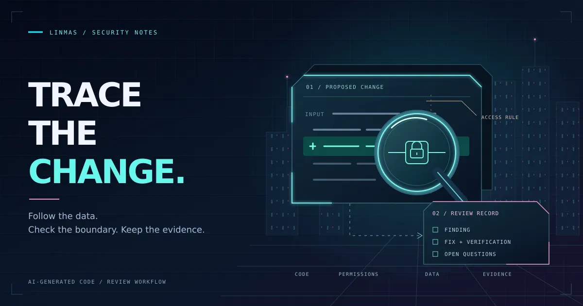 Cyberpunk review console tracing a code change through permissions and data access to a recorded finding and verification.