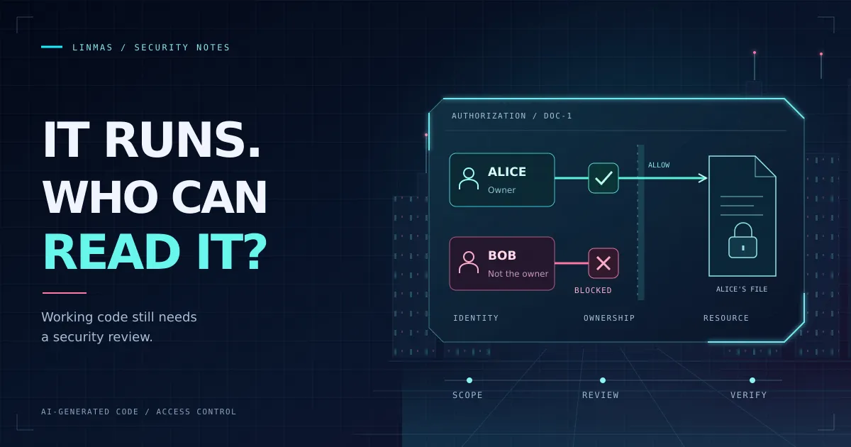 Cyberpunk security checkpoint: Alice can access her document, while Bob is blocked by an ownership check.