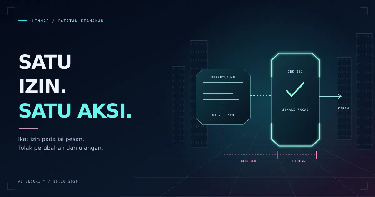 Token persetujuan cyberpunk melewati gerbang sekali pakai, sementara isi yang berubah dan permintaan berulang berhenti pada indikator merah.