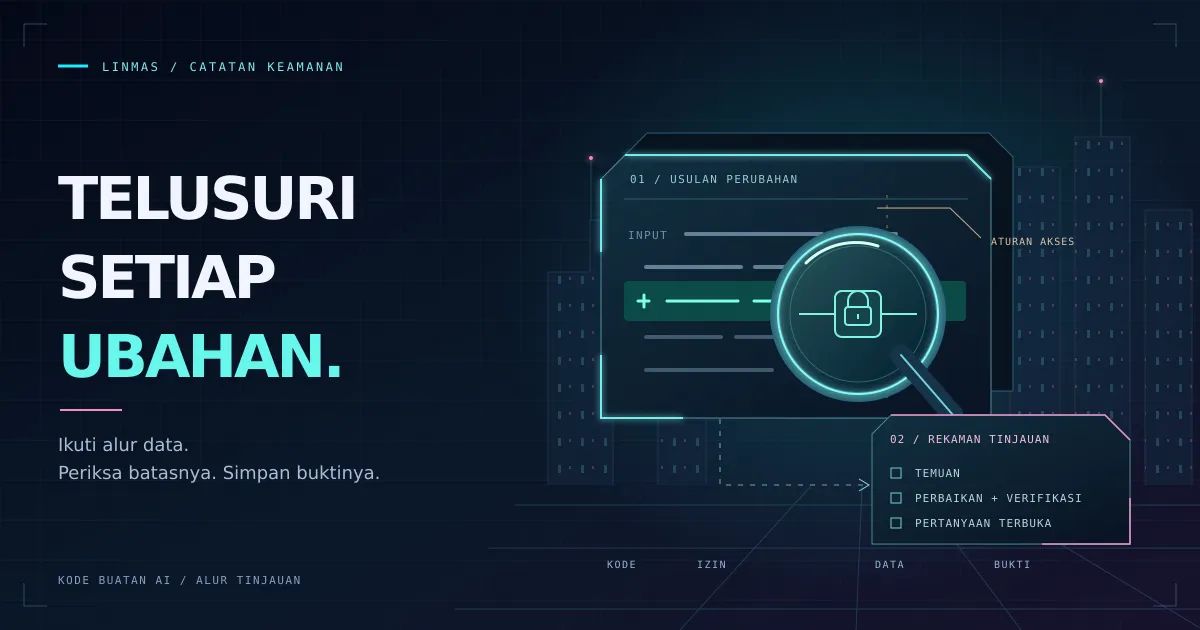 Konsol tinjauan cyberpunk yang menelusuri perubahan kode, izin, dan akses data hingga pencatatan temuan dan verifikasi.