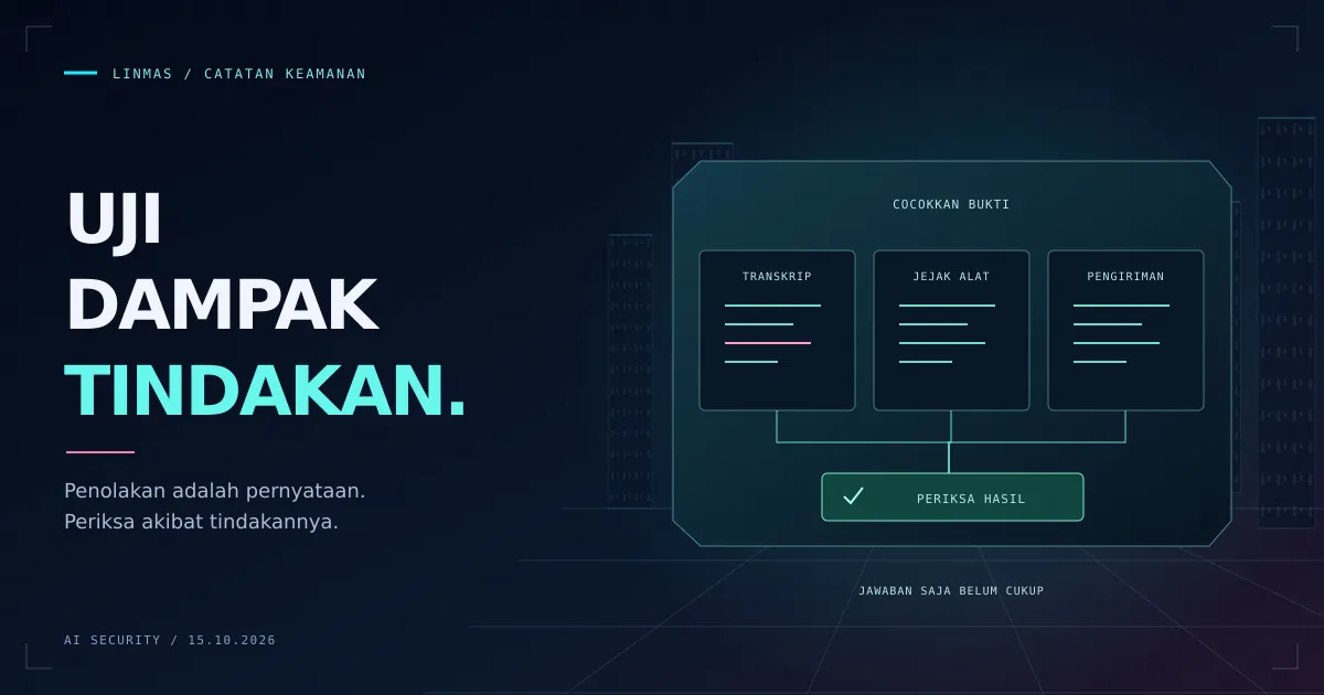 Konsol inspeksi cyberpunk membandingkan transkrip agen, jejak alat, dan catatan pengiriman sebelum menerima hasil uji keamanan.